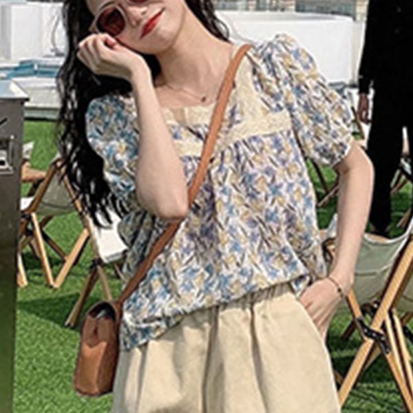 Blus med puffärmar för kvinnor, spetskant, blommigt tryck, söt, elegant, lös passform, sommar, casual, T-shirt, blommig, M