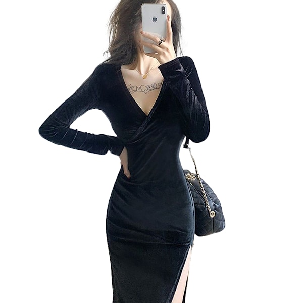 Sexy Bodycon-kjole med V-hals og ermer for kvinner - Mini-klubb-kjole