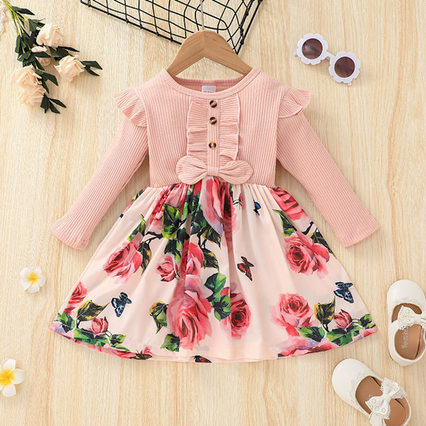 Sommar- och höstdress med blommönster för små flickor, Babyflickors Sundress, Flickor