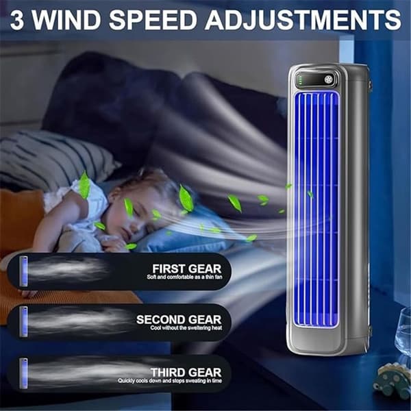 Bærbar Tårnventilator, 3 Justerbare Hastigheder, USB-Genopladelig, 3D-Luftcirkulation (Grå)