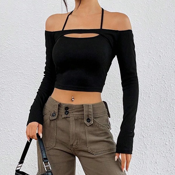 Kvinners utsnitt lang ermet off shoulder halter avling T-skjorte topp ribbet strikket topp spaghetti halter off the shoulder skjorte