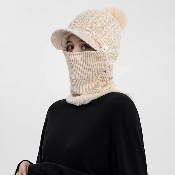 Vinterlue for kvinner, endelte fleecefôret strikkede balaklavaer maske sett skalle nakke sirkel skjerf ski snø lue med pompom