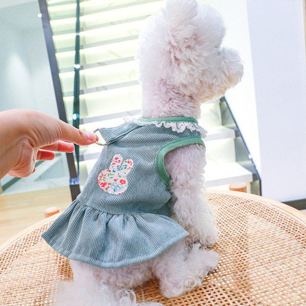 Hundseleklänning med D-ring Kaninlapp Spets Prinsessa Valp Klänning Kjol Höst Vinter Tjock Kordflöjel Semester Husdjurskläder Klänningar för Små Hundar Flicka