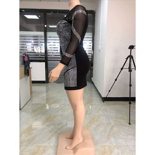 Sexy Kvinners Plus Size Langærmet Rhinestone Mesh Gjennomsiktig Festklubb Minikjole