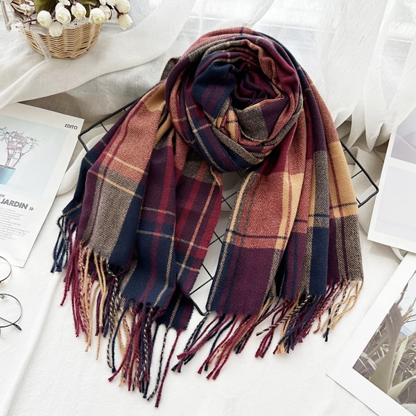 Lange pledd-sjal i chunky-strik for kvinner - Overdimensjonert vinter/høst-sjal i varm tartan