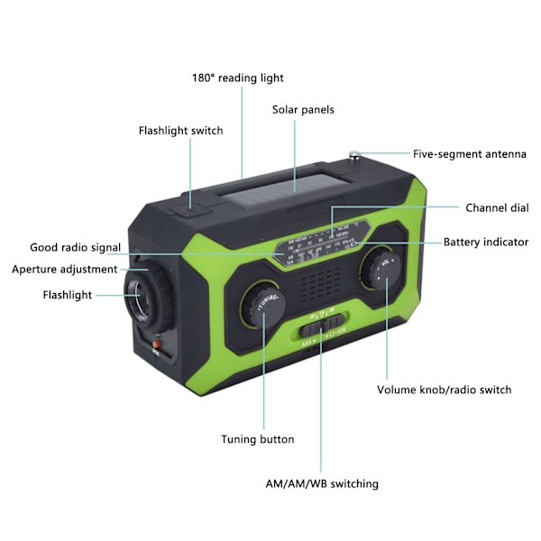 Handvevad Nödradio AM/FM Växling Batteriindikator Ficklampa Solcellsladdare för Utomhuscamping Grön US-version