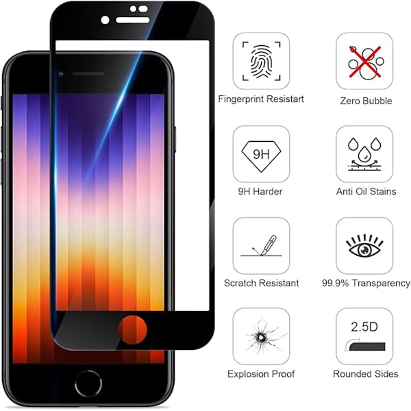 Näytönsuoja iPhone 6/7/8/SE 2020/2022 Täysikokoinen lasinen Läpinäkyvä