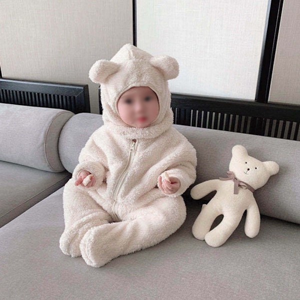 Babys vinterforstærket pelset onesie Varmt wrap fod lang krybende dragt (hvid)
