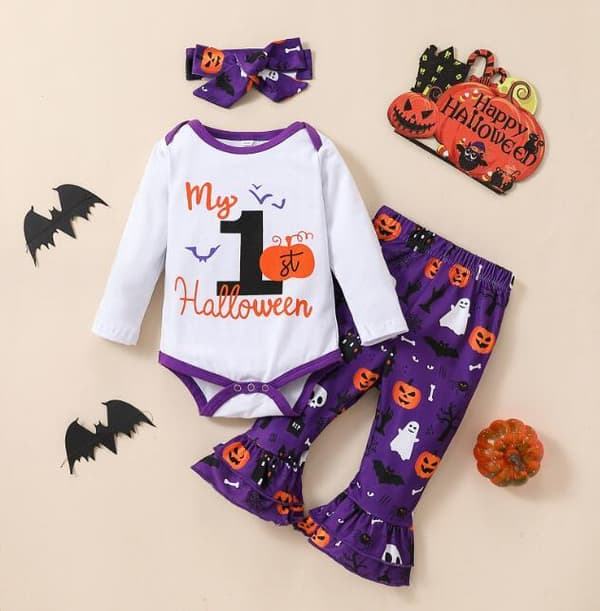 Halloween-sæt til piger med græskarmotiv, 3 dele Lilla Purple 110CM