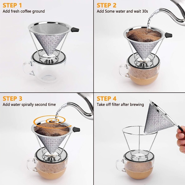 1 st Handbryggt Kaffefilter Rostfritt Stål Handbryggt Kaffefilter Manuellt Återanvändbart Koniskt Filter style:style1;