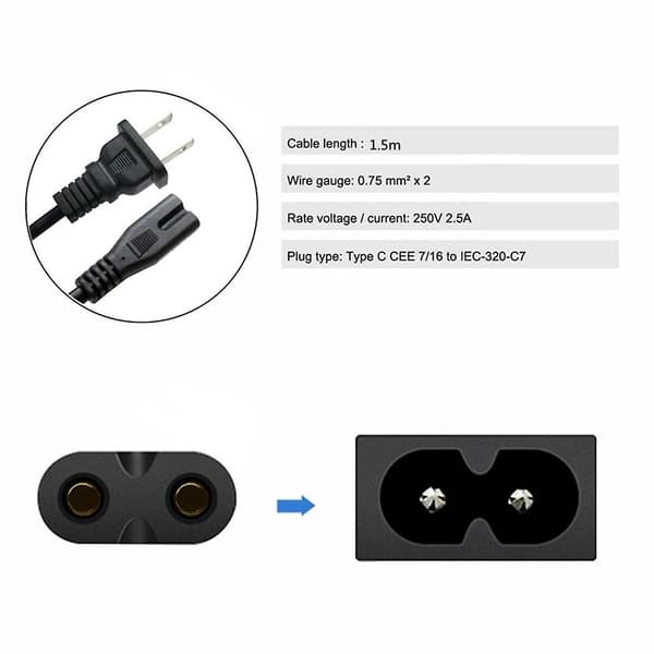 Europæisk 2-polet til C7 Strømadapterkabel Rejse IEC C7 Strømkabel 1m