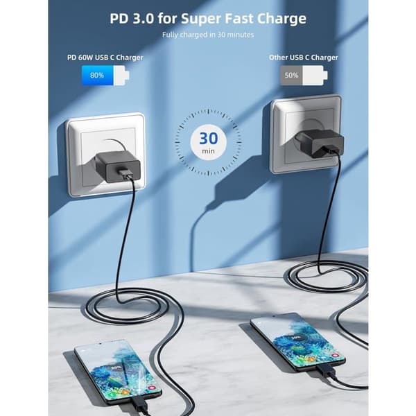 60W USB-C Fast Charger for Samsung Galaxy S26 Ultra/A17/A16/A56/A36 – USB-C Wall Plug with 1m Black USB-C Cable