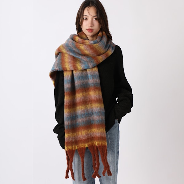 Stripete skjerf i mohair for kvinner, frynser, varm vinter, tykk