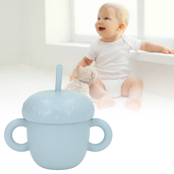 Silikon Træningskop Spildsikker Silikon Baby Træningskop med Dobbelte Håndtag og Låg Grå Blå