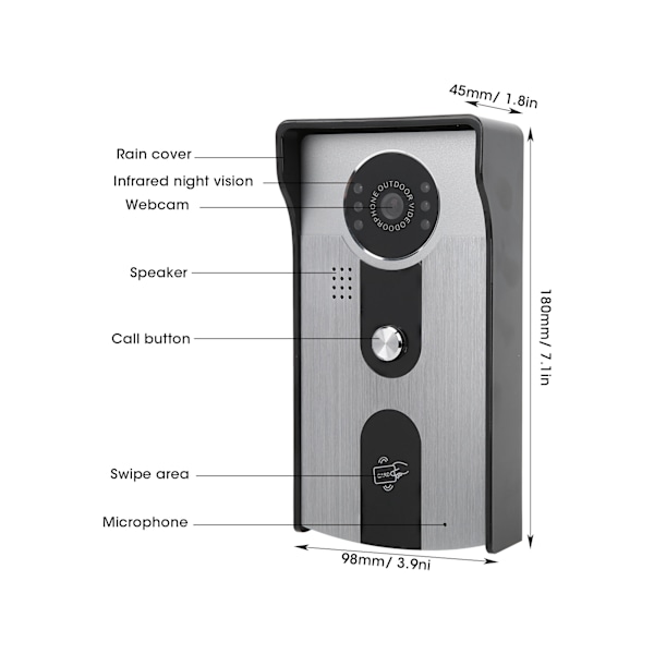 7 tum Smart Videodörrtelefon LCD-skärm Pekskärm Upplåsning Nattseende Access Control System för Hem Säkerhet 100‑240VEU-kontakt