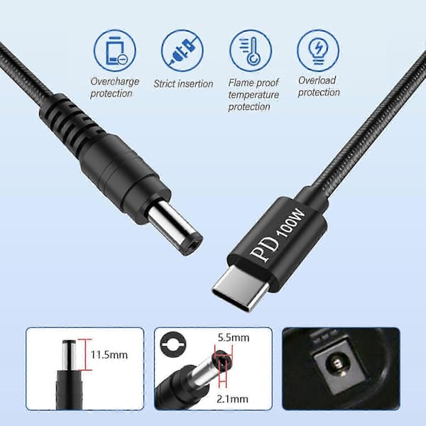 Nylon Braided USB C Cable PD100W Charging Cable for Laptops and Electronics Low Heat Control Power Supply Cable HP 7.4x5.0 elbow