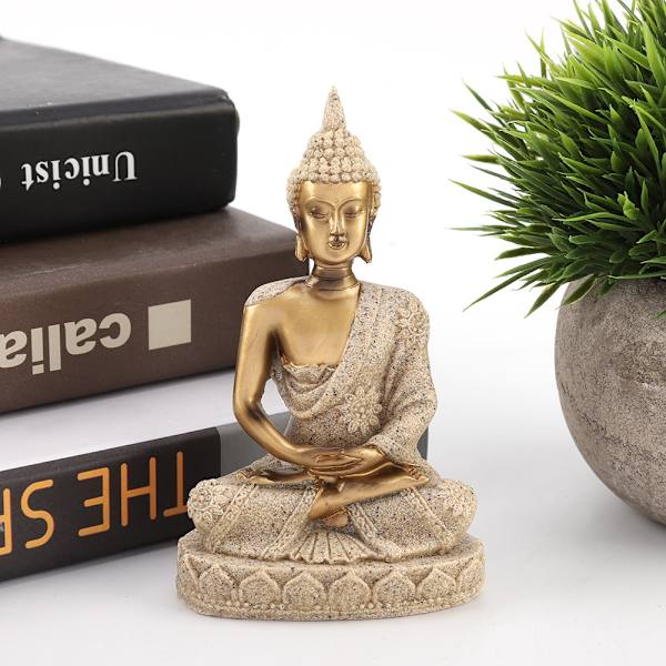Mediterande sittande Buddha-staty snidning figur hantverk för hemmet