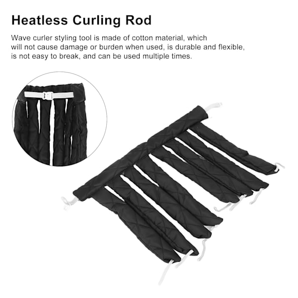 Värmefri Curling Rod för Sömn, Hårcurl Styling Roller Band för Kvinnor och Flickor, Extra Långt Hår, Svart