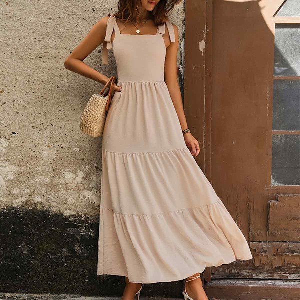 Sommer Boho Spaghettirem Square Neck Solid Farve Ruffle A-Linje Strand Lang Kjole til Kvinder