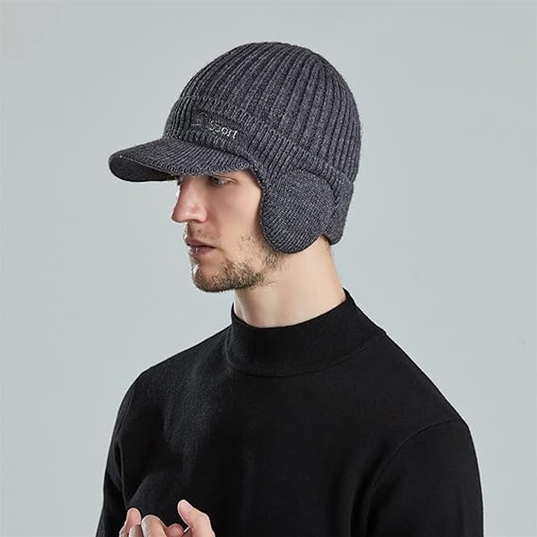 Vinter Beanie med Visir Øreklapper til Mænd Varmt Strikket Hat Udendørs Sport Ski Cykling Hat Fleeceforet Skull Cap