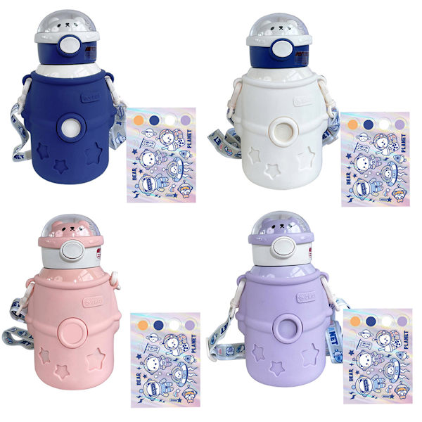 Bærbar Kawaii Vannflaske med Sugerør 500ml Isolerte Vannflaske i Rustfritt Stål Søt Astronaut Bjørn Vannflasker for Skole Trening Reise Piknik