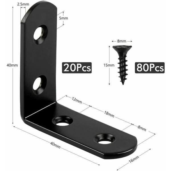 Hjørnebeslag 40x40x16 mm - Sort - Rustfrit stål - Pakke med 20 hjørner