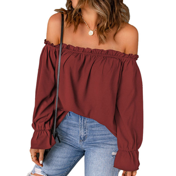 Off Shoulder Chiffon Blus med Enfärgad Spetskant Långärmad Off Shoulder T-shirt för Dam Flickor Kvinna Dejting Vinröd XL