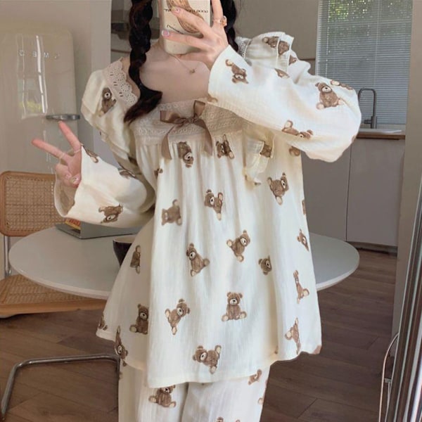Dam Pyjamas Set med Långärmad Sömnkläder Söt Björndesign Höstpyjamas Set Loungewear Set för Hem Semester och Casual Wear Långärmad Björndräkt 2XL