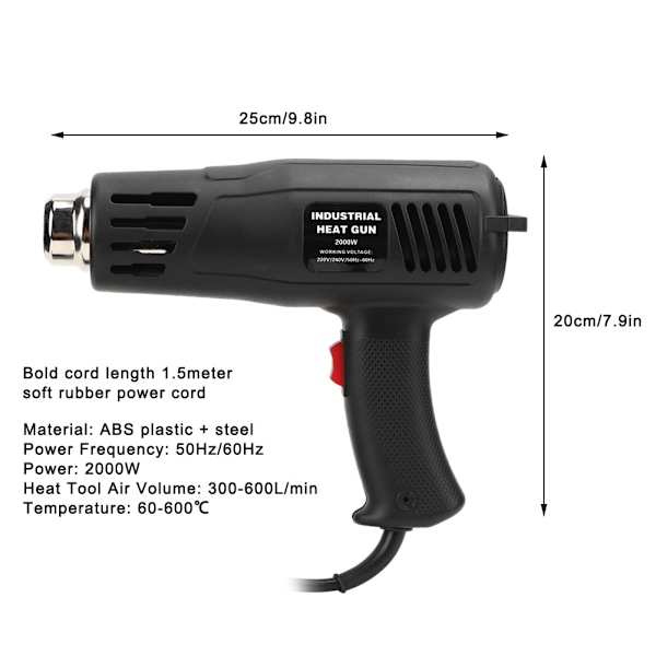 Industriell varmluftpistol 2000W Konstant temperaturjustering Ergonomisk sklisikkert håndtak UK-plugg