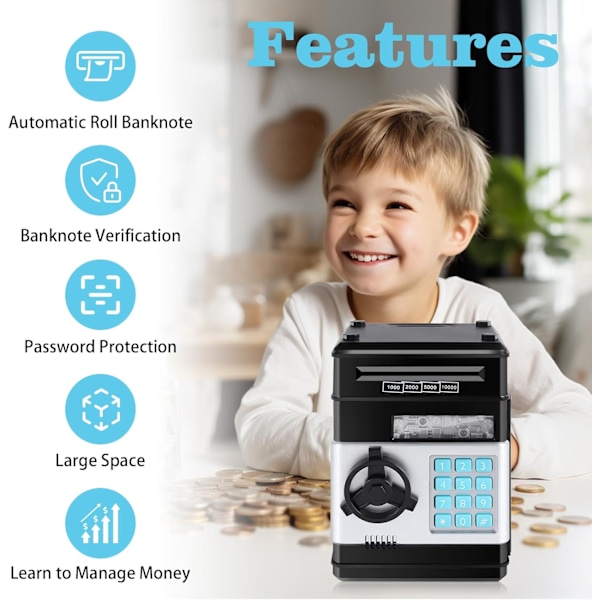 Spargris för barn, pengautomat spargris, elektronisk spargris med lösenordsskydd, automatisk papperspengar-rullande spargris, ATM-sparbanksautomat, fantastisk
