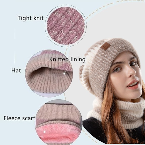 Hatt og skjerfsett for kvinner, 2 deler myk varm tykk strikket beaniehatt og skjerf, vinterhatt for kvinner