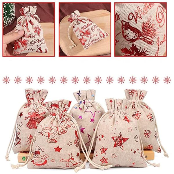 Reusable Burlap Drawstring Bags, Eco-Friendly Christmas Theme Canvas, Versatile Function with Breathability, 24 Pcs