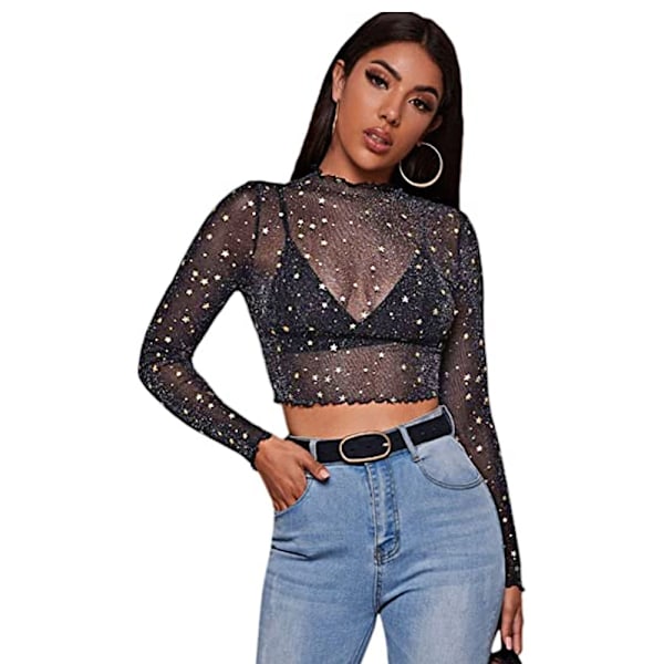 Kvinnors Genomskinliga Toppar Långärmad T-shirt Trim Sexig Crop Top T-shirts