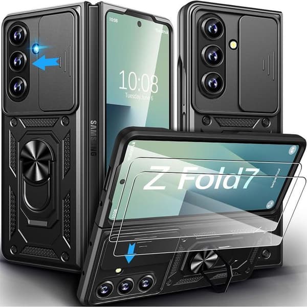 Protective Case - BOOLING - for Samsung Galaxy Z Fold 7 - Black - Rotating Ring - 2 Tempered Glass Svart