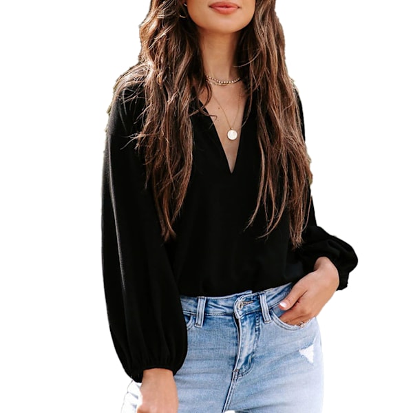 Dam Blus med Lång Ärm Djup V-ringning Åtsittande Manschetter Enfärgad Lös Passform Casual Pullover Skjorta Svart S