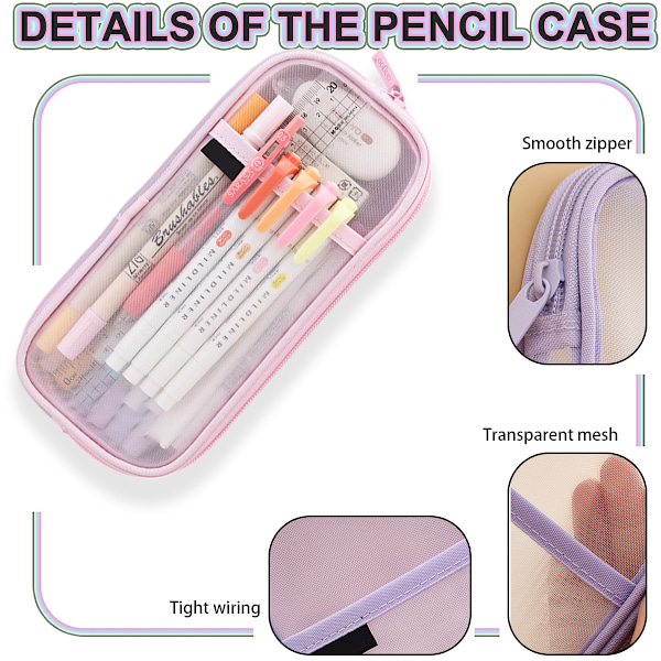2 stk. Gitter Mesh Pen Blyant Etui med Lynlås Klar Makeup Farve Pung Kosmetik Taske Multi-Purpose Rejse