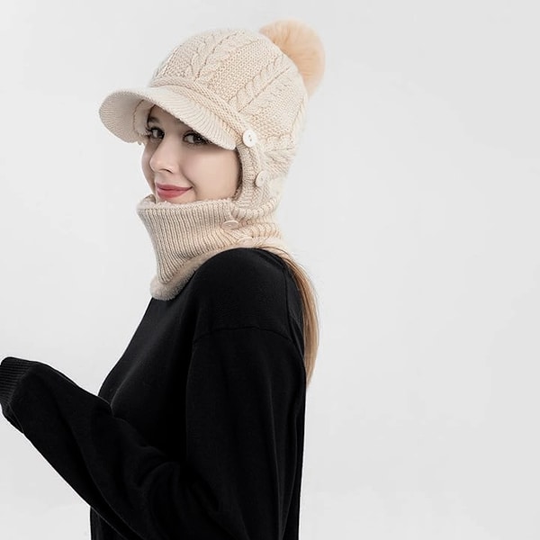 Vinterlue for kvinner, endelte fleecefôret strikkede balaklavaer maske sett skalle nakke sirkel skjerf ski snø lue med pompom