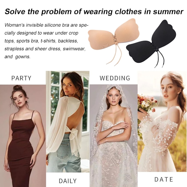 Sticky Bra 2 par Strapless Rygglös BH Klibbig Osynlig Lyft BH Push-up BH för Rygglös Klänning (Beige och Svart)