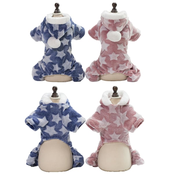 2-pak Små Hunde Pyjamas Overalls Jumpsuit, Vinter Fleece Hvalpe Hættetrøje Pyjamas Outfit med 4 Ben Jakke Frakke Tøj (Blå+Pink)