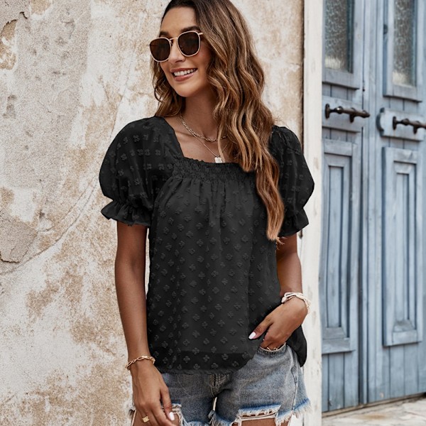 Korte ermer Skjorter Sommer Casual T-skjorter Sommer Dame Kvadratisk Hals Chiffon Jacquard Swee（svart）