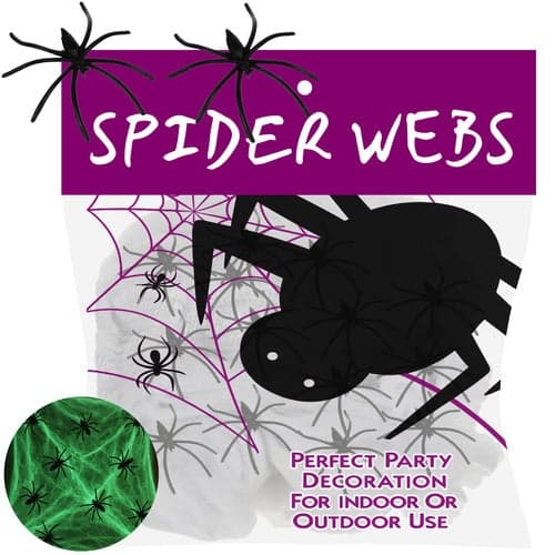 Selvlysende spindelvev Halloween-dekorasjon med 20 edderkopper 1000
