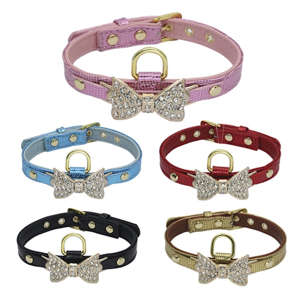 Designer snygg söt läder glänsande strass fluga husdjur katt och hund halsband halsband smycken