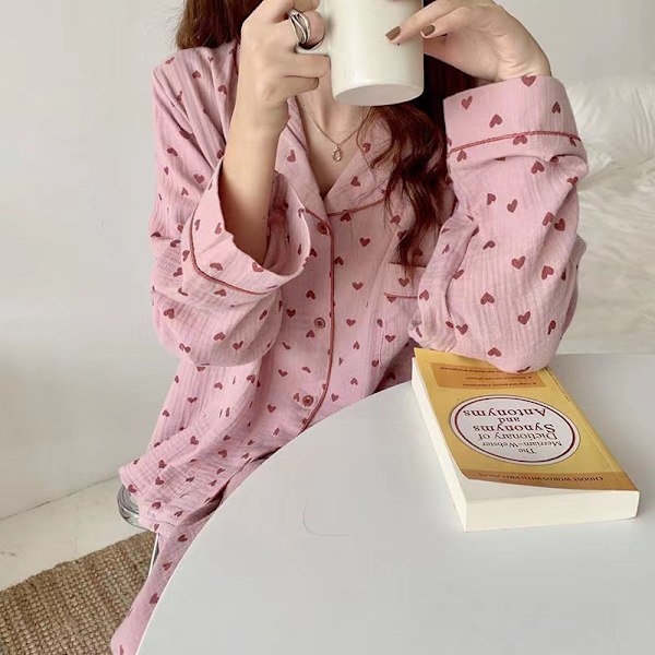 Dam Pyjamas Set med Knappar Långärmad Hjärtmönster Nedåtvänd Krage Lös Mjuk Dam Nattkläder för Vår Höst Hem Rosa M