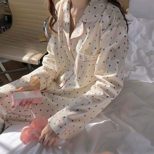 Dam Pyjamas med Långärmad 2-delad Casual Söt Bekväm Knapp-Ner Nattkläder för Studenter Vår Höst Blå Kärlek L
