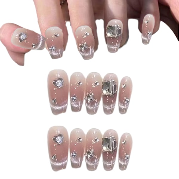 Långa tryckta naglar, Medium Coffin-form, Nagelkonst med 3D Lyxdesign, Återanvändbara Falska Naglar, 10 st med Relaterat Nagelset, 4 Storlekar