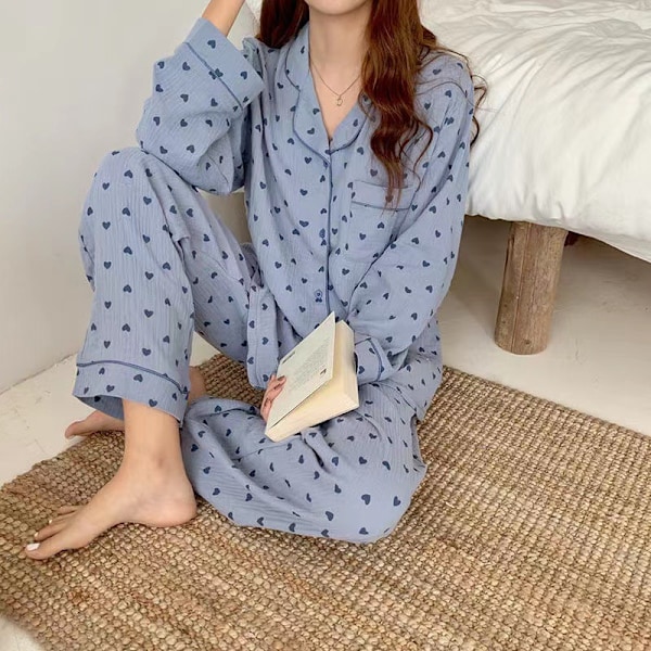 Dam Pyjamas Set med Knappar Långärmad Hjärtmönster Nedåtvänd Krage Lös Mjuk Dam Nattkläder för Vår Höst Hem Blå L