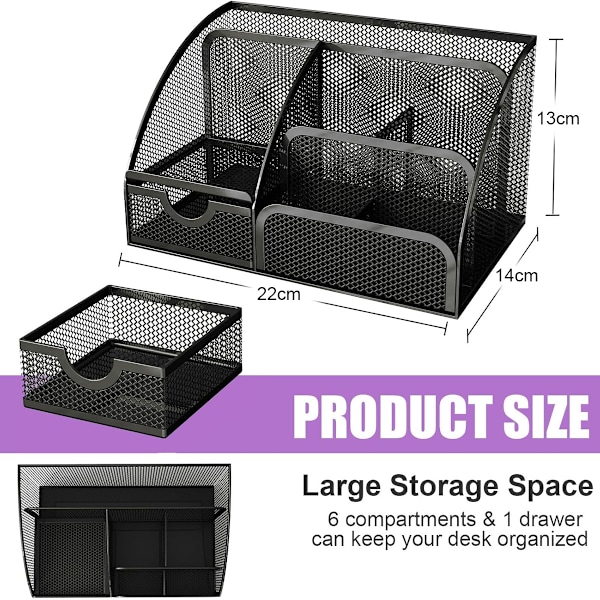 Mesh skrivebordsarrangør kontor med 7 rom, skuff/skrivebord ryddig godteri/penn holder/multifunksjonell arrangør, 22*14*13cm