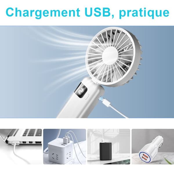 Y07 Liten Bærbar Vifte - USB-C Lading 1200mAh Batteri - 5 Hastigheter - Hvit Loop