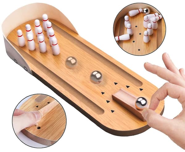 Mini Bowling-sæt til skrivebord, træbrætspil, fingersportslegetøj Cai382[D]