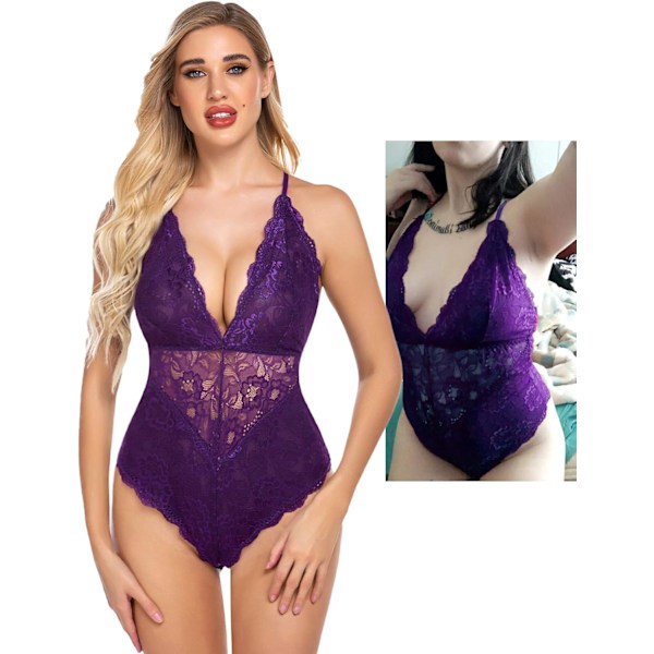 Kvinners Sexy Lace Body med Dyp V-Utringning og Snap-Lukking